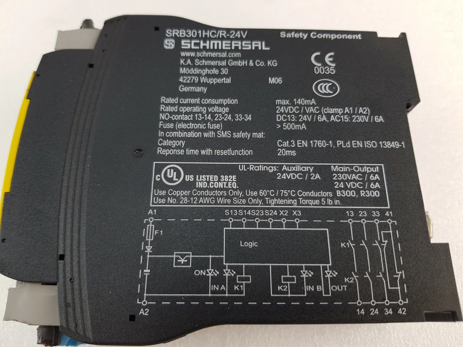 Side label of Schmersal SRB301HC/R-24V with ratings, UL data and circuit diagram