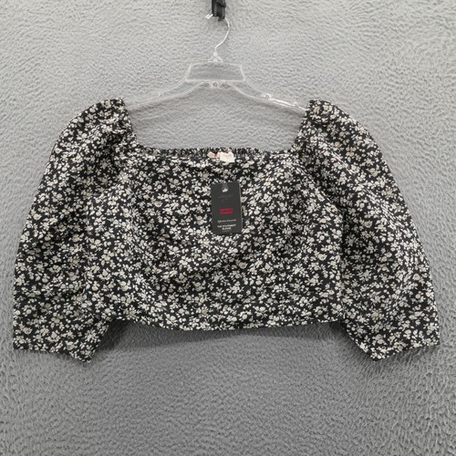 NWT Levis Yvie Puff Sleeve Floral Cropped Top Large Black White Womens Summer