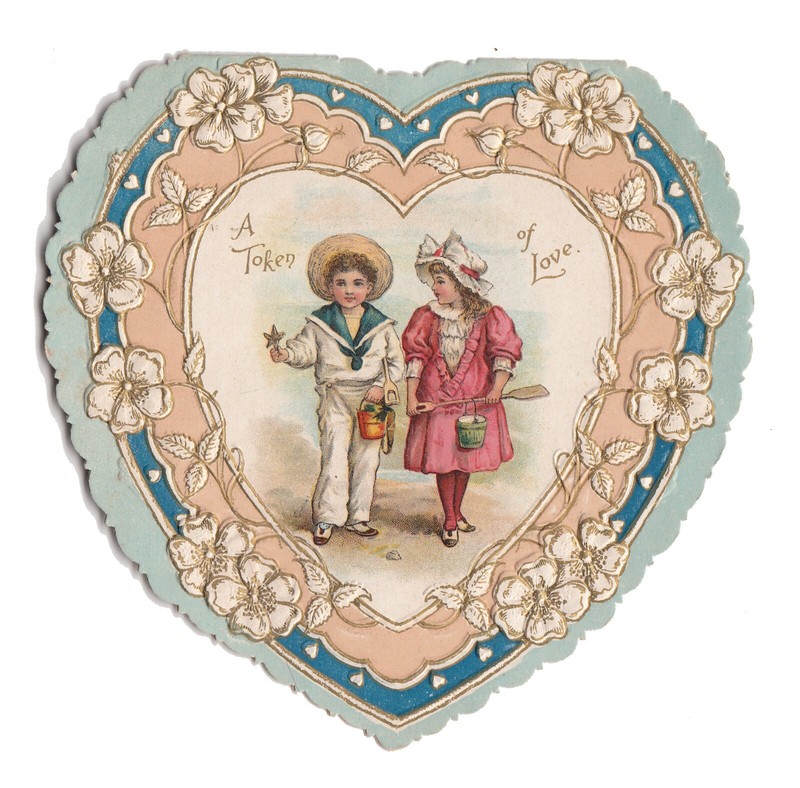 Boy & Girl at Beach Seaside ~Single fold Embossed Valentine Heart Greeting Card