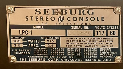 1961 SEEBURG STEREO LP CONSOLE 160 SELECTIONS JUKEBOX MODEL LPC