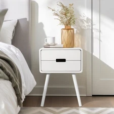 Wood Nightstand End Side Table with Drawer & Solid Wood Legs