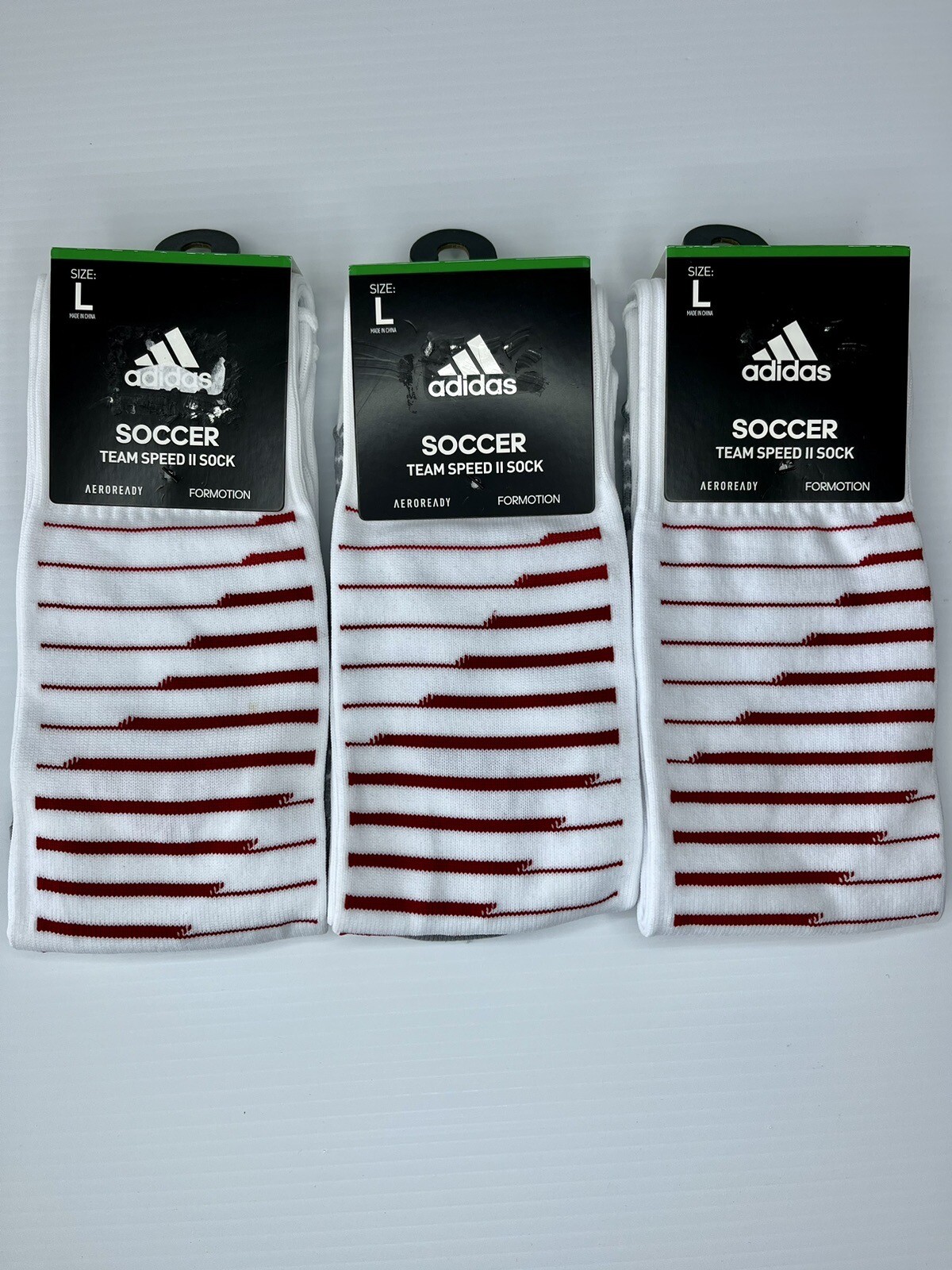 3 Adidas Team Speed II Soccer Socks Size LARGE White Red Aeroready