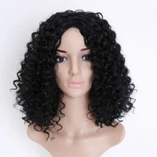 Women's Short Curly Wavy Wig Dark Black Ladies Costume Synthetic Hair USA