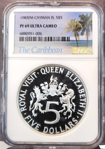 1983 CAYMAN ISLANDS SILVER 5 DOLLARS NGC PF 69 ULTRA CAMEO 419 MINTED TOP POP