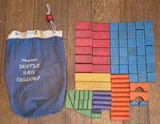 Vintage Child Toys 1960s Playskool 82 Color Wood Blocks & Duffle Bag O’Blocks
