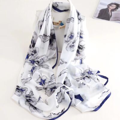 Womens 100% Mulberry Silk Large Long White Flower Scarves