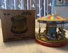 VINTAGE J CHEIN MERRY GO ROUND WIND UP TIN TOY CAROUSEL ORIGINAL BOX NICE WORS!