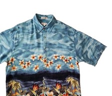 Vintage Pierre Cardin Men's Large 100 Rayon Blue Hawaiian Floral Button Down