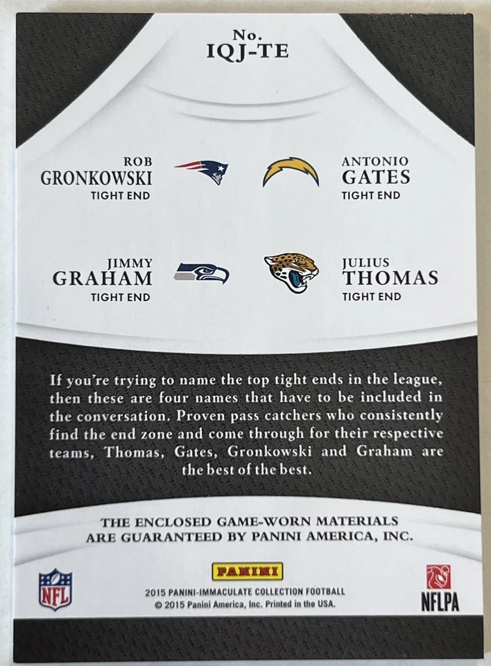 2015 Panini Immaculate Quad Relic Gronkowski Gates Graham Thomas #IQJ-TE #’d/25 Foto 2 de 2