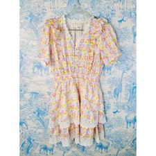 Melloday Floral Eyelet Lace Tiered Mini Dress Pink Yellow Cottagecore Medium