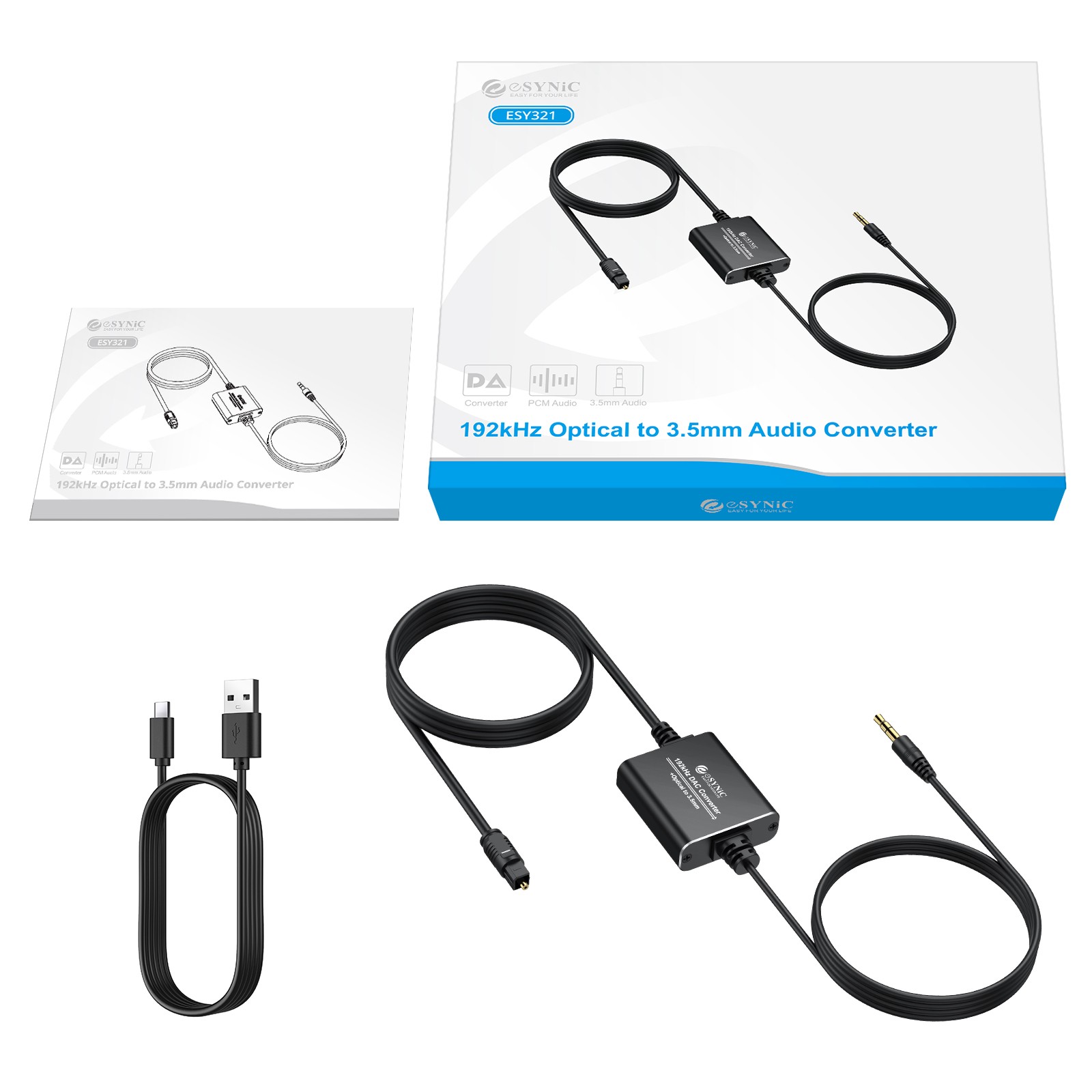 192kHz DAC Converter Digital to Analog SPDIF Optical to 3.5mm AUX Audio Adapter