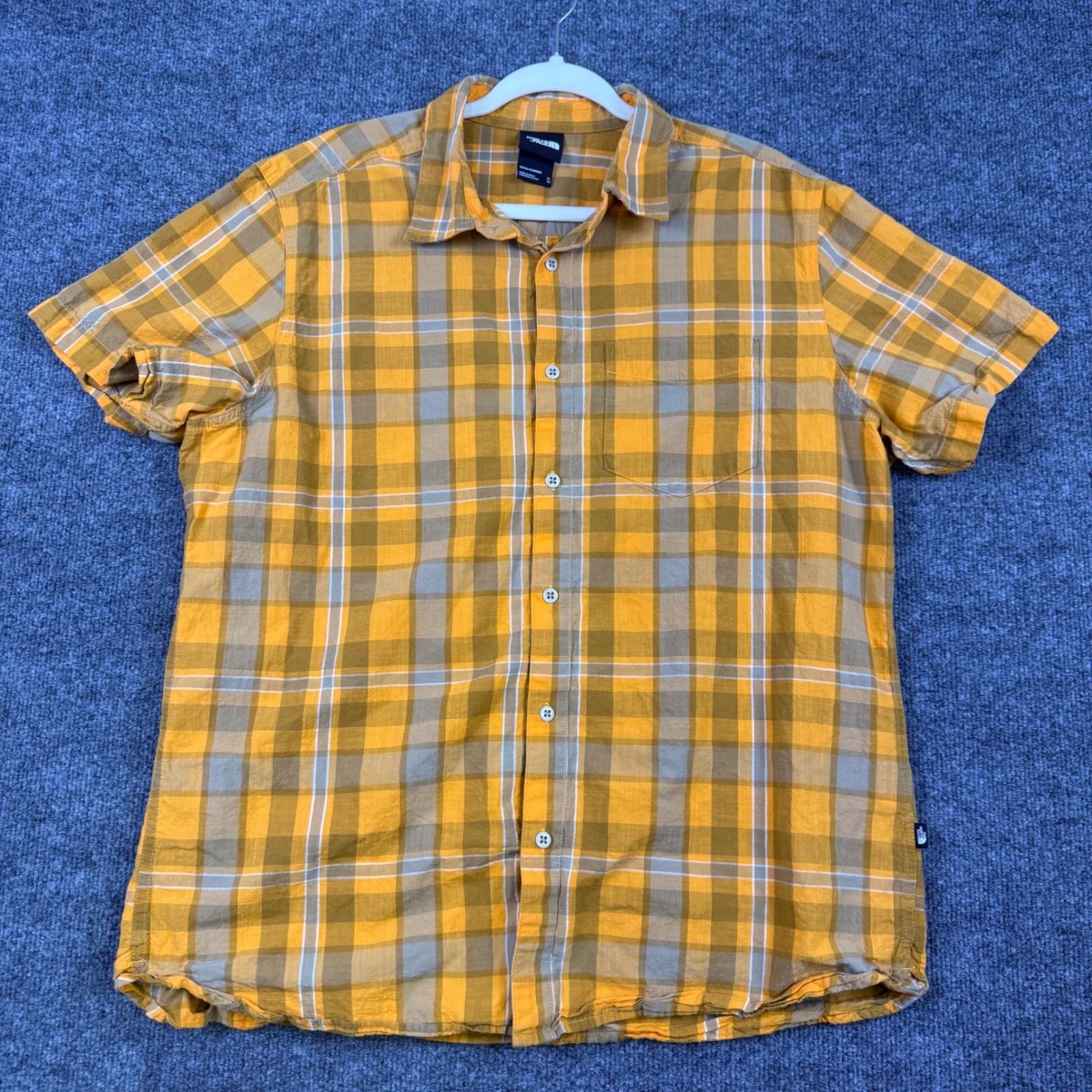 The North Face Mens XL Short Sleeve Plaid Button Down Shirt Yellow Orange Grey