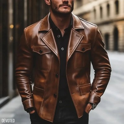 Mens Real Leather Jacket Brown Slim Fit Blazer Casual Field Safari Coat Premium