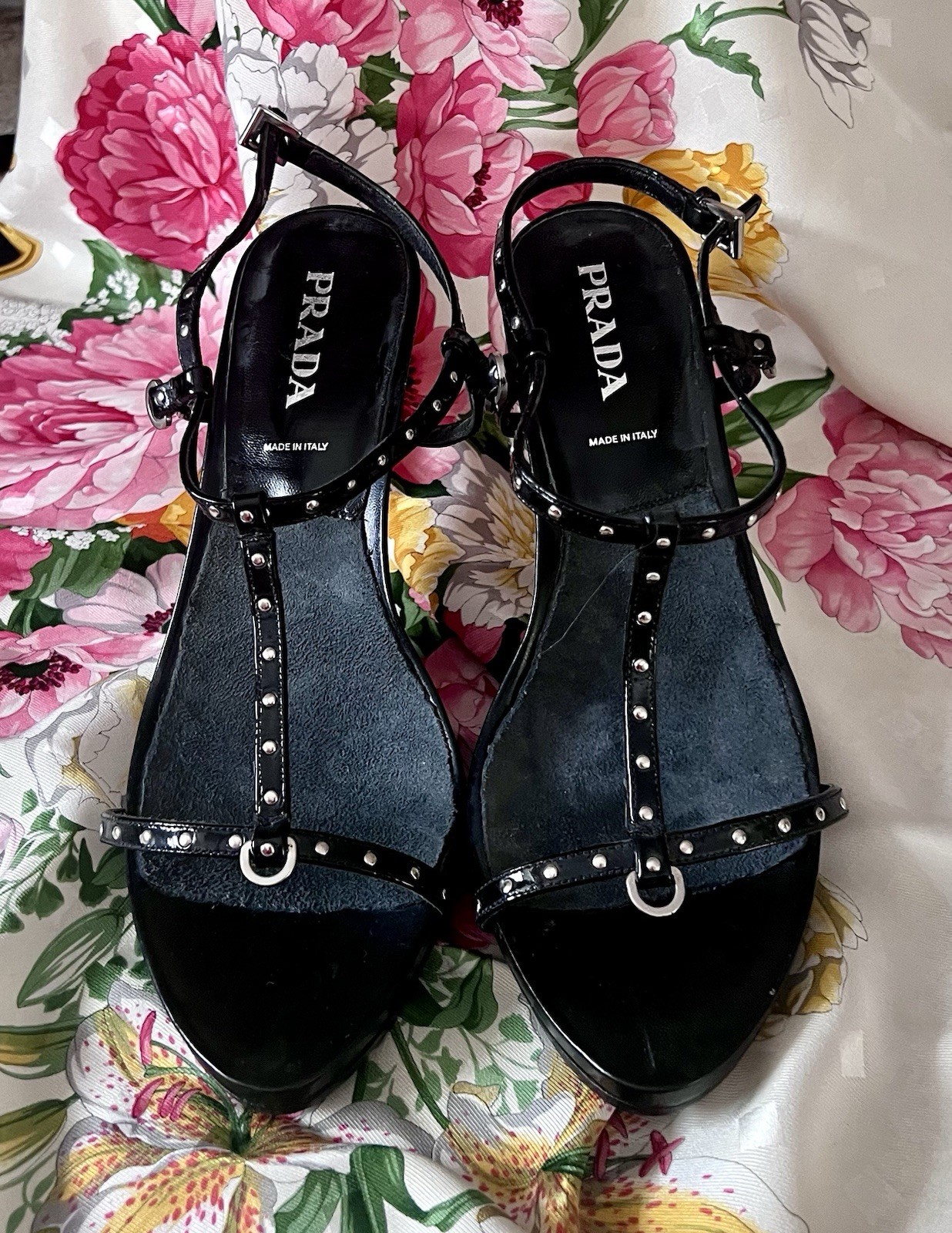 PRADA  BLK STRAPPY SHOES  WITH  SILVER STUDS & SILVER HEELS • NEVER WORN  39-1/2 thumbnail 13