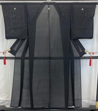 Japanese Vintage Kimono Polyester Black Seethrough Family crest Length 58 in