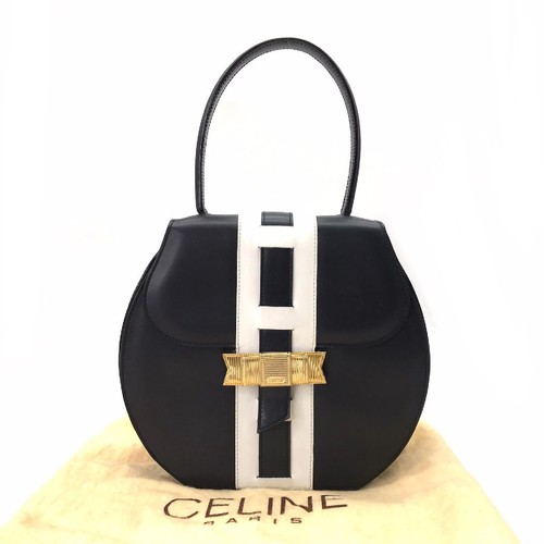 CELINE Leather Ribbon Handbag Navy Gold Used Authentic