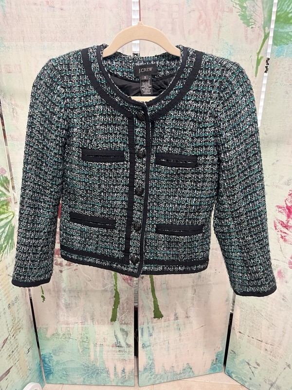 J Crew Blazer Women Tweed Fanfare Peackock Green Wool Blend Lined Metal Button 2