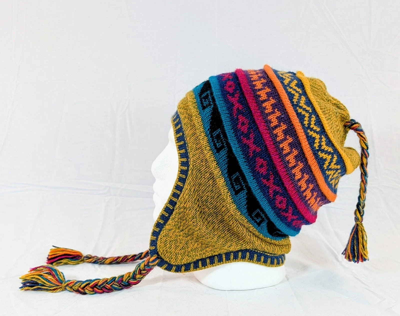 Soft Baby Alpaca Reversible Chullo Beanie Yellow Red Unisex Colorful Boho Peru