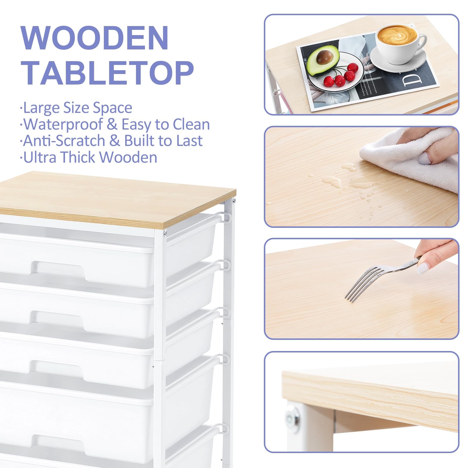 Utility Cart with 5 Drawers,Storage Drawer Cart with Wooden Tabletop and Lock...