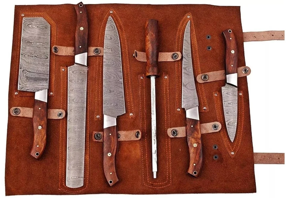 Handcrafted Damascus steel chef's knife set - 5 knives + honing rod, leather rol - Bild 4 von 4