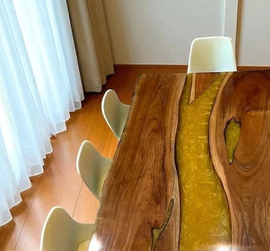 Yellow Epoxy Resin Dining Table Live Edge Wooden Cafeteria Hallway Decor - Image 3 of 4
