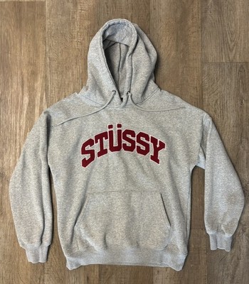Stussy Embroidered Logo Hoodie Pullover Sweatshirt Mens Medium Gray and Red