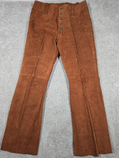 Vtg Brown Suede Leather Pants Snap Fly Flare Leg High Waisted Handmade Men 32x30