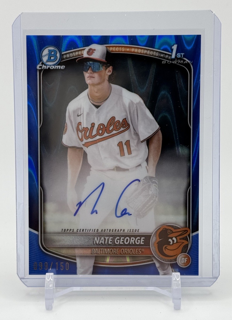 2025 Bowman Chrome Nate George Blue Raywave Refractor Auto 99/150 1st Bowman