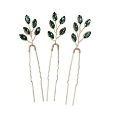 3 PCS Green Wedding Hair Pins for Bride Crystal Bridal U Hair Pins for Women