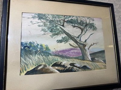 Vintage ''Windy Landscape Scene'' Watercolor Painting - Framed