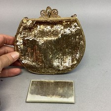 Antique Women  s Gold Sequin Mesh Change Purse With Shoulder Strap  Mirror