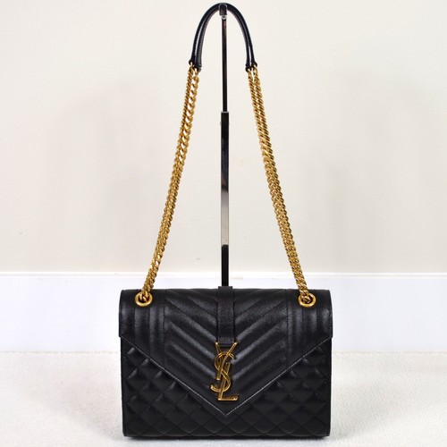 YSL Saint Laurent Envelope Black Triquilt Leather Shoulder Bag Handbag Purse