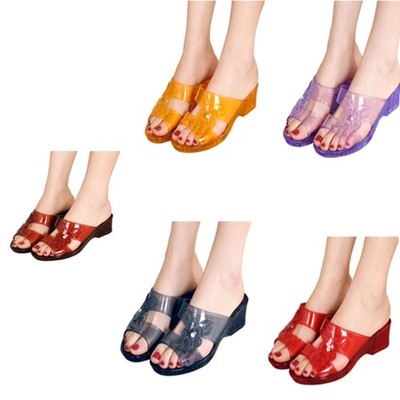 Flower Rhinestones Jelly Wedge Sandals Clear Plastic Slides With Anti Slip Tread