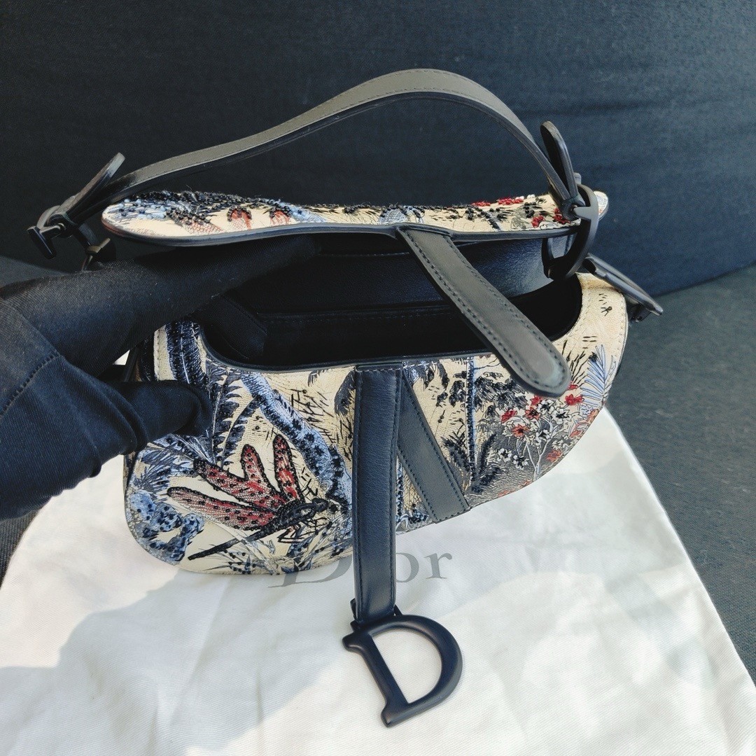 Dior Saddle Bag Mini Toil de Jouy Dragonfly Embroidery Hobo Bag