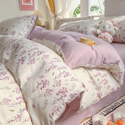 Lavender Duvet Cover Queen Size Purple Romantic Floral Green Botanical Bedding
