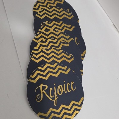  Mary Square Rejoice Coasters Set of 7 Navy Gold Chevron Round Drink Coaster New