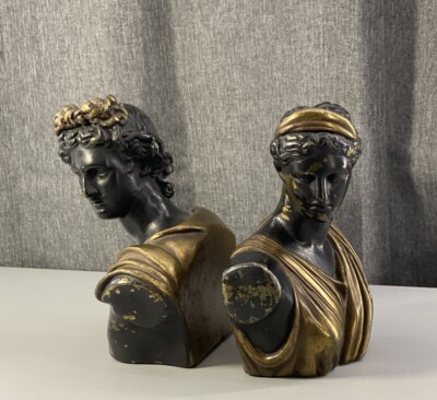 Vintage Greek Apollo + Artemis Bust Bookends Sculpture Home Decor Art Signed