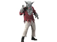 Mens Grey Werewolf Costume Dog Wolf Wolves Halloween Gray Fur Mask Fangs Hands