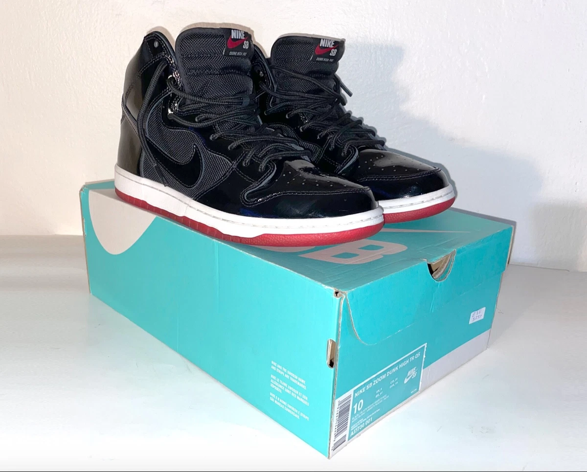 RARE Nike SB Dunk High Hi Bred Black Red Patent Leather AJ7730-001 Siz 10  Jordan