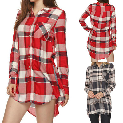 Women's Long Sleeve Tunic Hi Lo Button Up Plaid Shirt