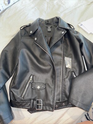 Forever 21 Girls Moto Jacket Black 13 Faux Leather Full Zip Pockets