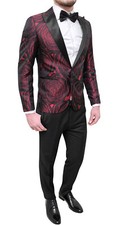ABITO COMPLETO UOMO RASO FLOREALE ROSSO SMOKING ELEGANTE SPOSO TESTIMONE NOZZE