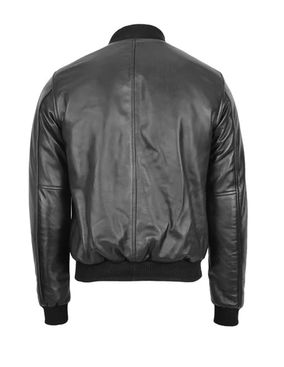 New Men's Black Leather Bomber Jacket Ribbed Hem Lined Size XS-5XL