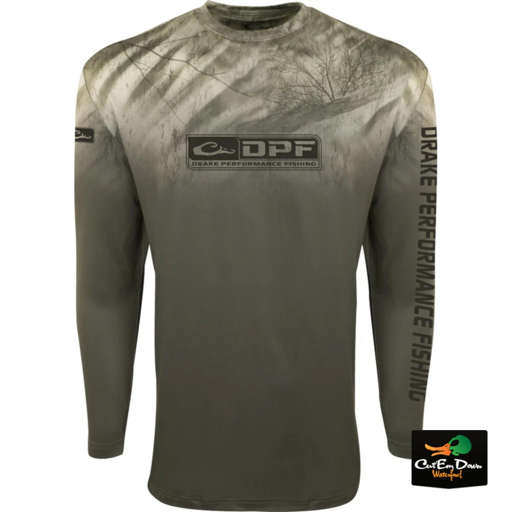 NEW DRAKE PERFORMANCE FISHING SHIELD 4 FADE CAMO MESH BACK CREW NECK L/S SHIRT