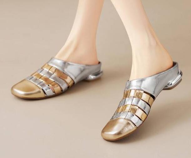 PANTOFOLA D’ORO Pantofole donna sexy punta quadrata colore giuntura tessitura scarpe estive pelle