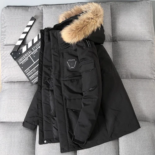 Chaquetas de invierno con cuello de piel para hombre Parka Abrigo cálido Blanco Pato Plumón Chaqueta con capucha Nuevo - Imagen 13 de 18