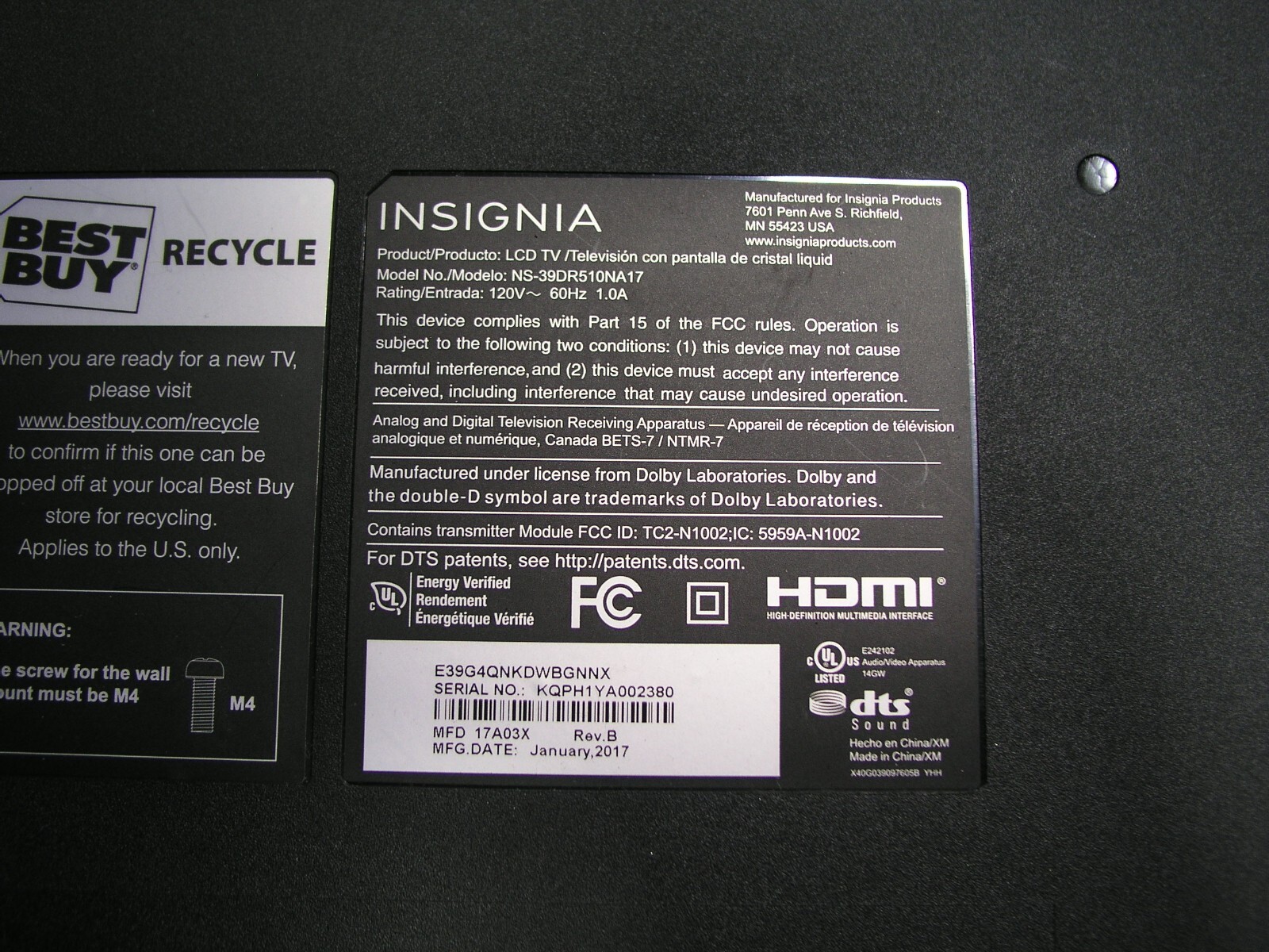 insignia ns 39dr510na17 lcd panel for sale