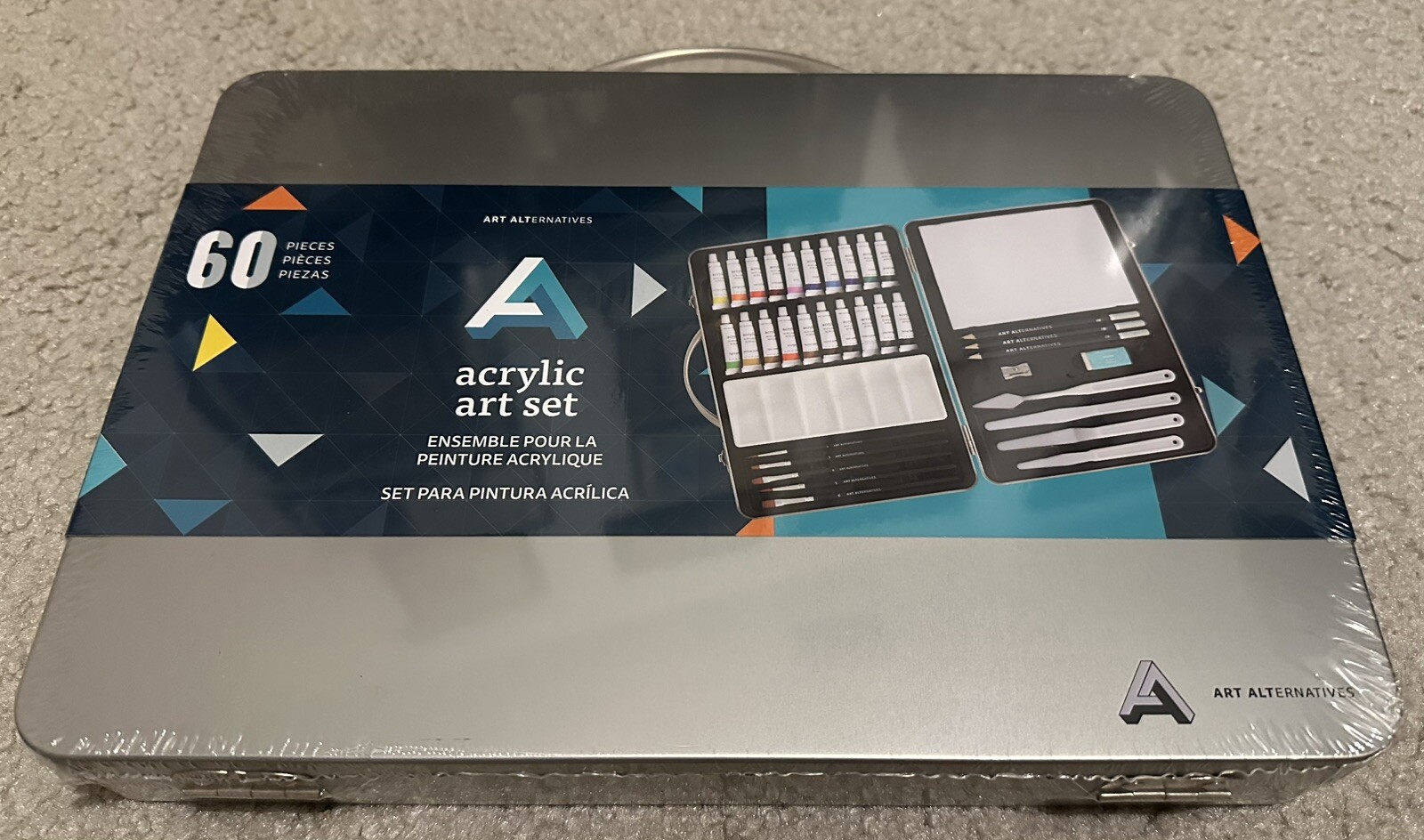 60 Piece Acrylic Art Painting Set Aluminum Case 20 Paint Colors 5 Brushes *NEW*!