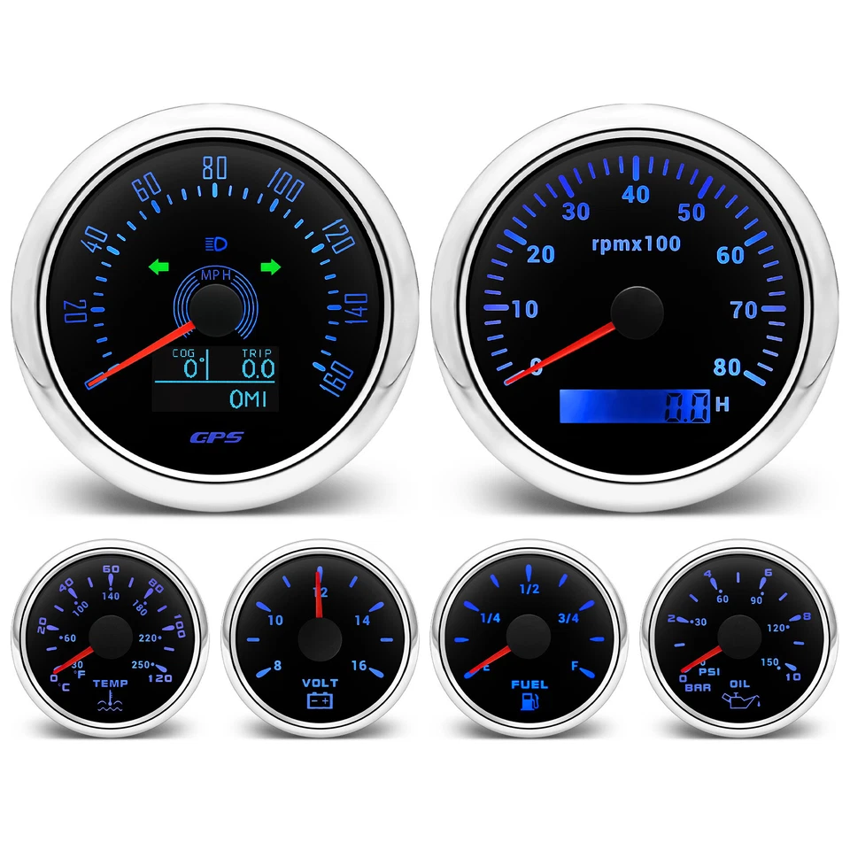 6 Gauge Set 85mm GPS Speedometer 160MPH Tacho&52mm Fuel/Oil/Temp/Volt Gauge US - Image 4 of 4