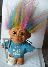 VINTAGE 4.5" RUSS GET WELL SOON TROLL DOLL RAINBOW HAIR CRUTCH MY BOO BOO